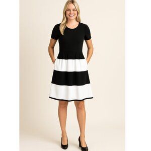 Nwt LULAROE Amelia FIT & FLARE Black/White COLORBLOCK Knit POCKETS Midi Dress XS